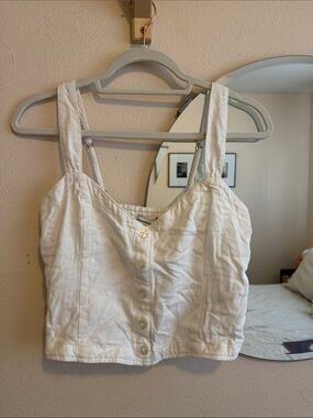 White Button-Front Cropped Tank Top Linen Blend